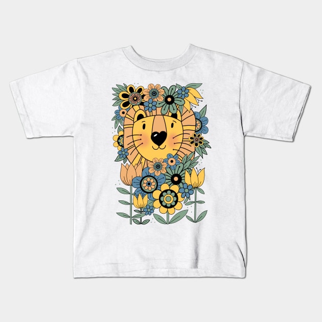 70s flower power lion Kids T-Shirt by Manxcraft